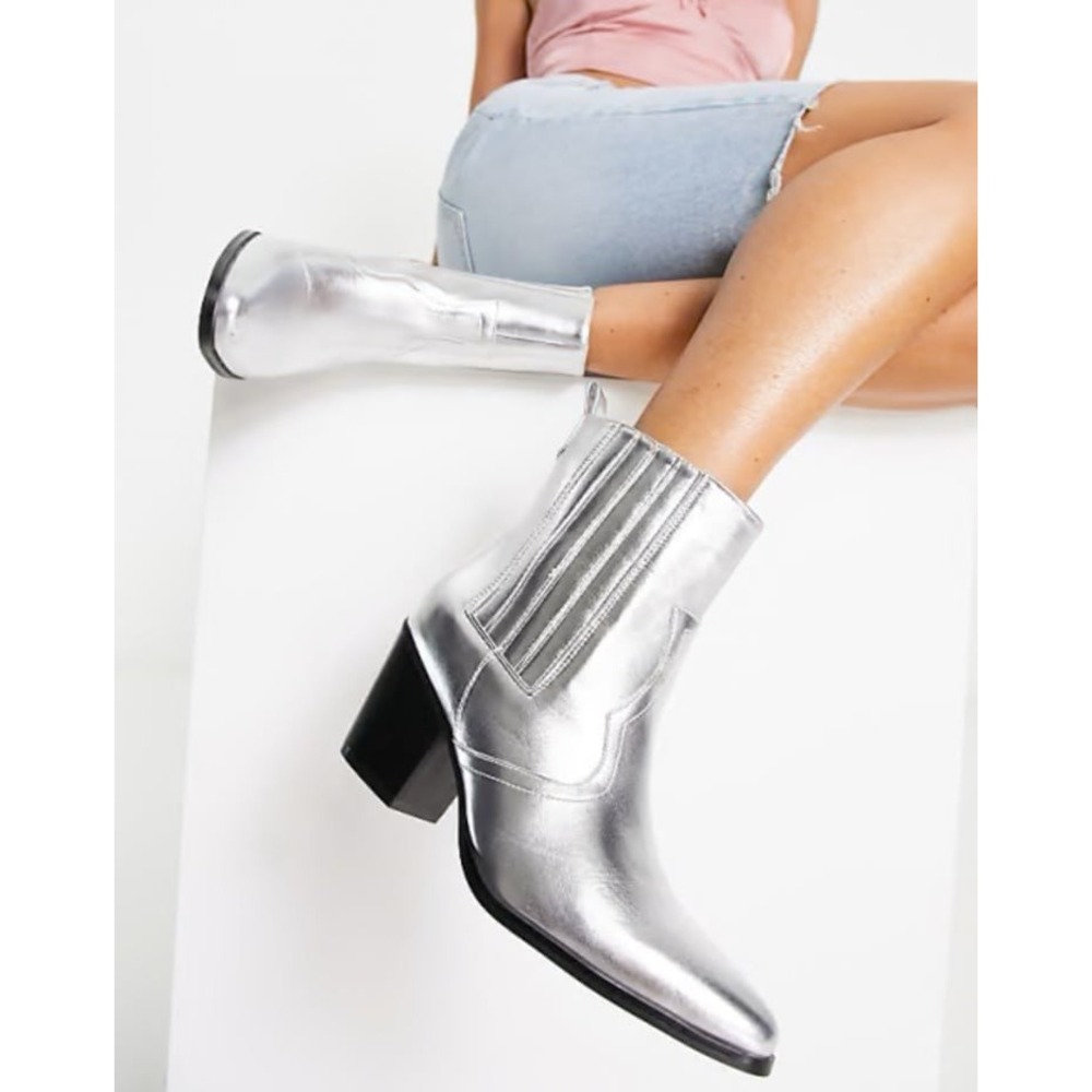 New Glamorous Silver Pointed-Toe Ankle Bootie's‎ western style shiny  women's 8